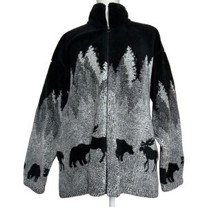Vintage Mazmania Men Fleece Jacket Black Moose Bear Forest Print Full Zip Medium
